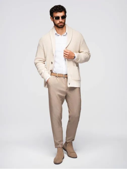 Béžový pánsky pletený kardigán na gombíky V2 SWCD-0153