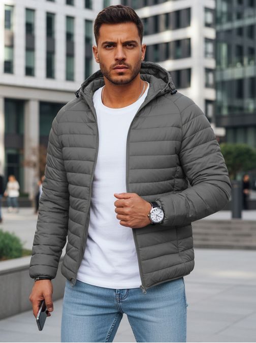 Prešívaná grafitová prechodná bunda s kapucňou