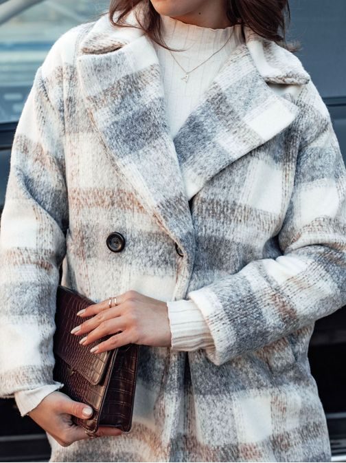 Dlhý dámsky šedo-béžový károvaný kabát Marizzi