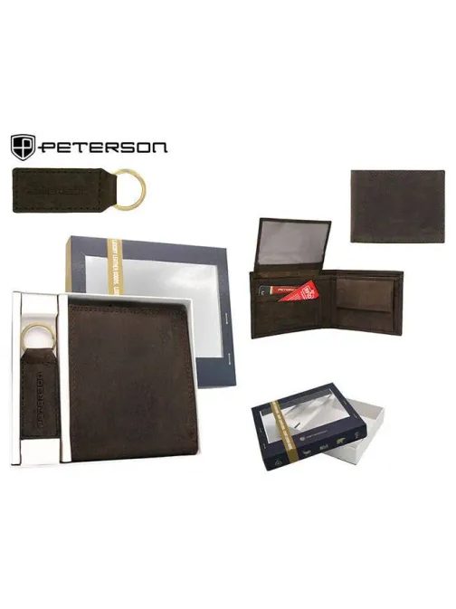 Hnedý kožený set Peterson - peňaženka a kľúčenka