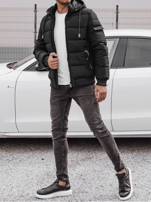 Moderná čierna zimná bunda s kapucňou