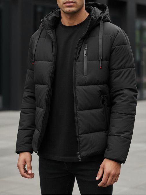 Trendy čierna bunda na zimu s kapucňou