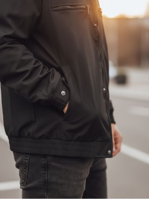 Pánska prechodná čierna bunda s kapucňou