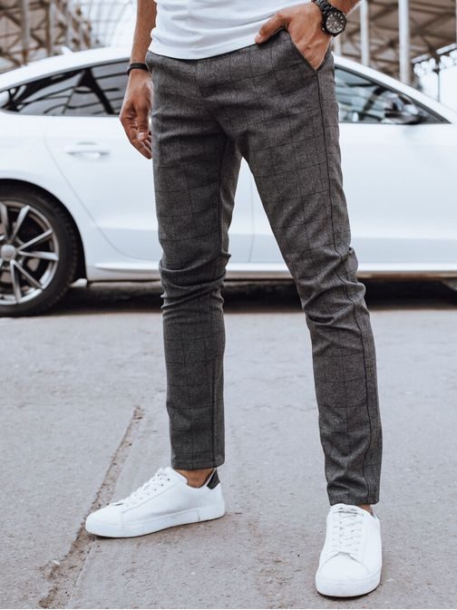 Elegantné nohavice v šedej farbe s károvaným vzorom