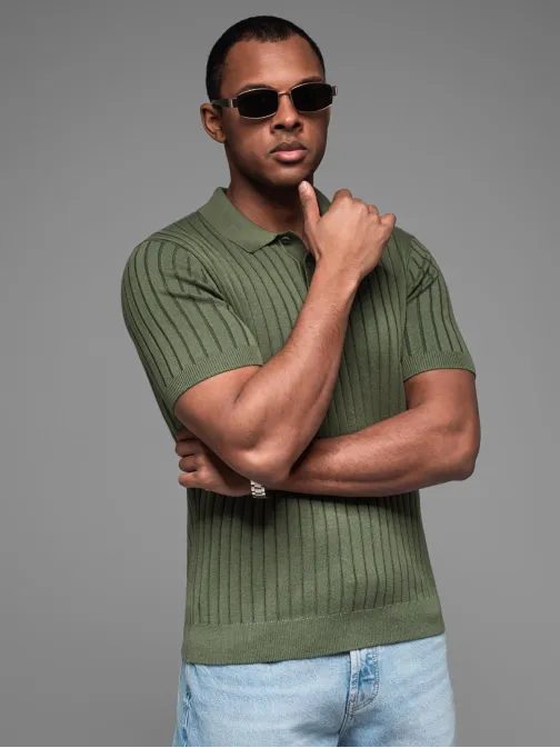 Pánska olivová SLIM FIT pruhovaná polokošeľa V4 POSS-0143