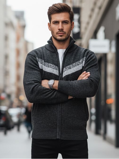 Moderný vzorovaný tmavo-šedý pánsky sveter