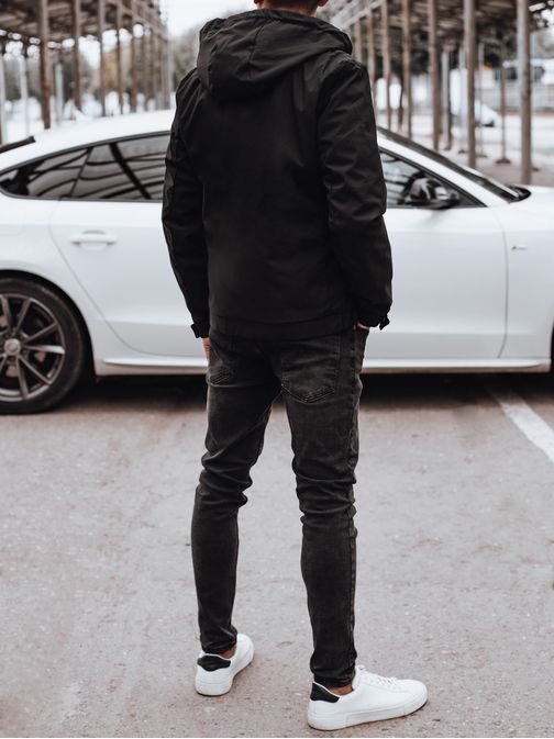 Pánska prechodná čierna bunda s kapucňou