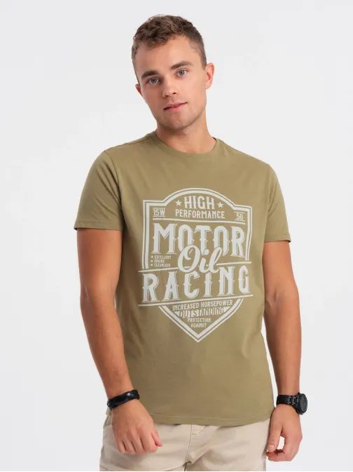 Originálne olivové tričko s auto-moto motívom V2-S1735