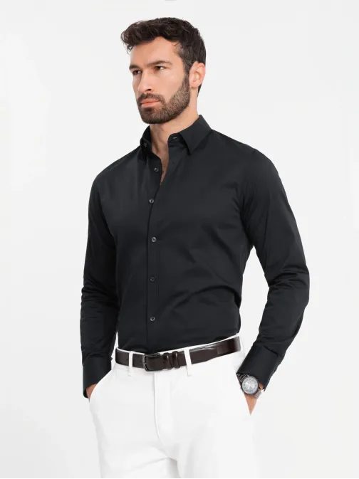 Módna čierna hladká slim-fit košeľa V4 SHCS-0176