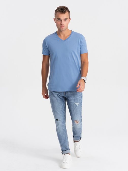 Bavlnené pánske modré tričko s V-výstrihom V5-TSBS-0145