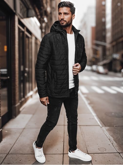 Prechodná nadčasová čierna bunda s kapucňou