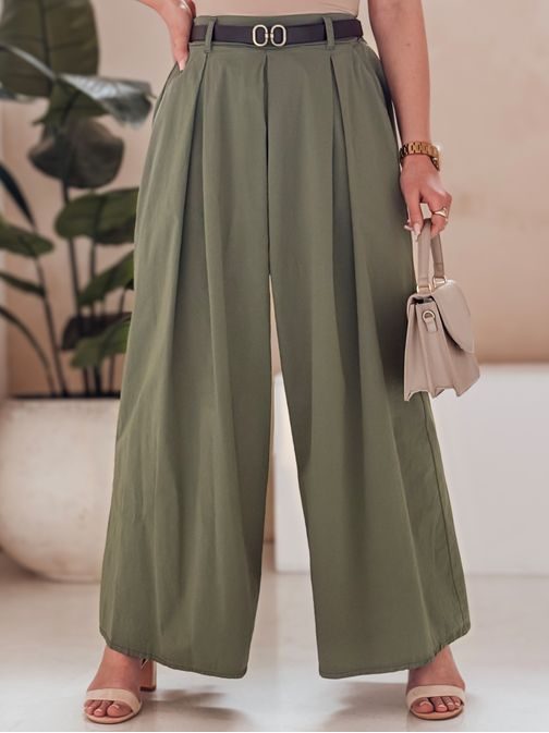 Široké nohavice s opaskom khaki FLOWES