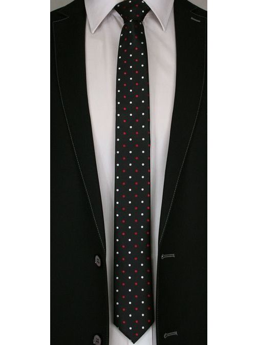 Čierna kravata s bielo-červenými bodkami