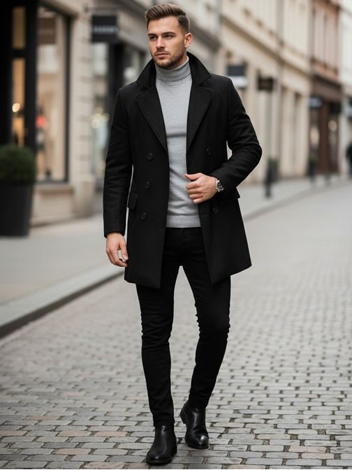 Elegantný čierny kabát s dvojradovým zapínaním