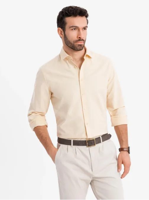 Trendy pánska pastelová žltá košeľa s dlhým rukávom V3 SHOS-0183