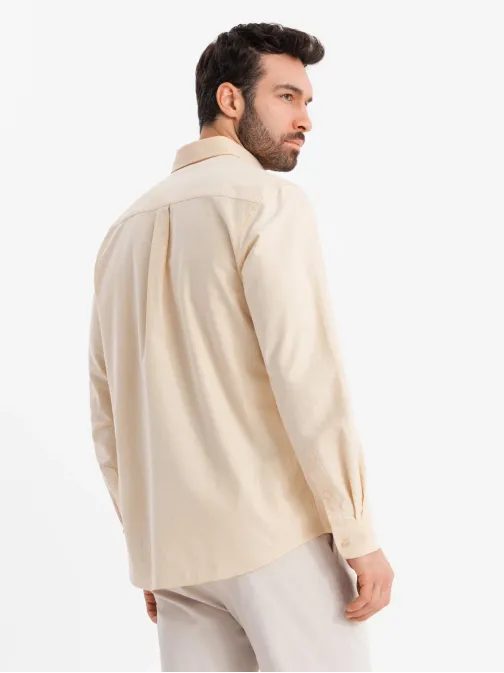 Trendy pánska pastelová žltá košeľa s dlhým rukávom V3 SHOS-0183