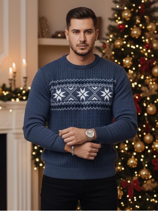 Módny modrý sveter s jedinečným vzorom
