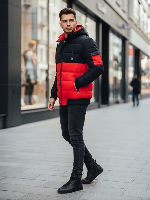 Pánska zimná bunda s kapucňou v čierno-červenom prevedení