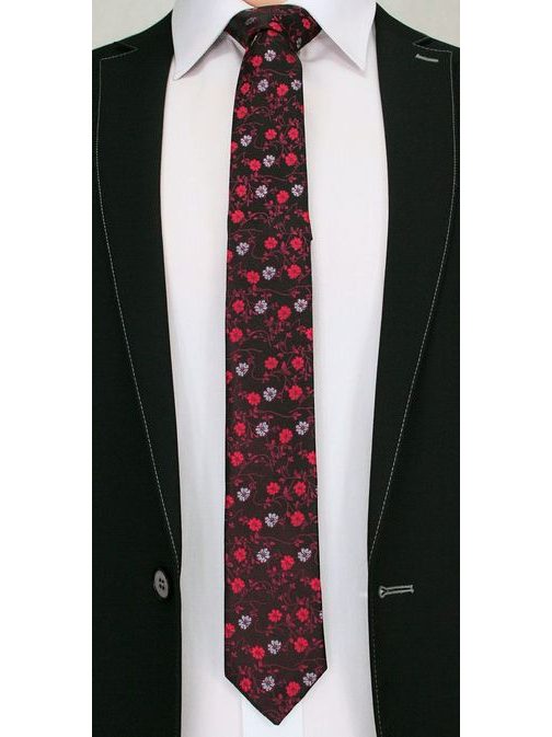 Čierna pánska kravata s červenými kvietkami