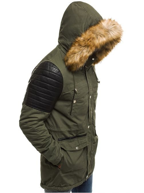 Khaki zimná parka s koženkovými detailmi X-FEEL 88625