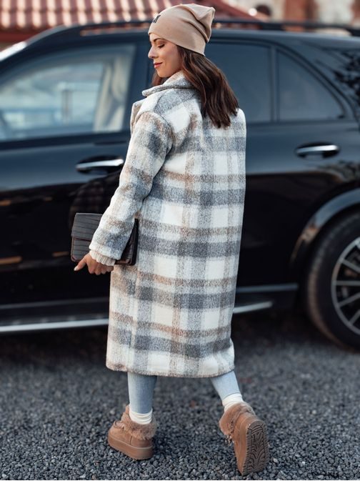 Dlhý dámsky šedo-béžový károvaný kabát Marizzi