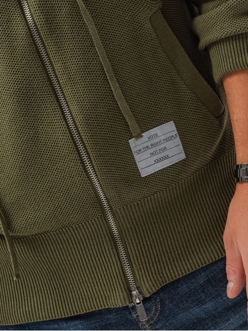 Trendový sveter na zips v olivovej farbe E186
