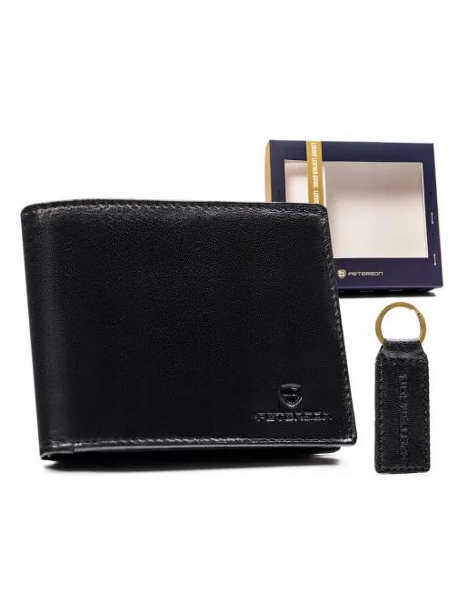 Elegantný čierny kožený set Peterson - peňaženka a kľúčenka