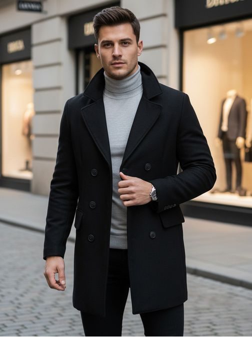 Elegantný čierny kabát s dvojradovým zapínaním