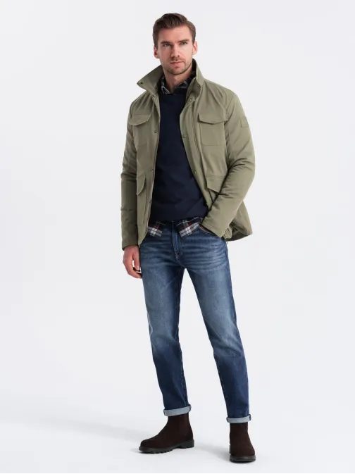 Pánska khaki bunda s vysokým golierom a vreckami V3 JALP-0167