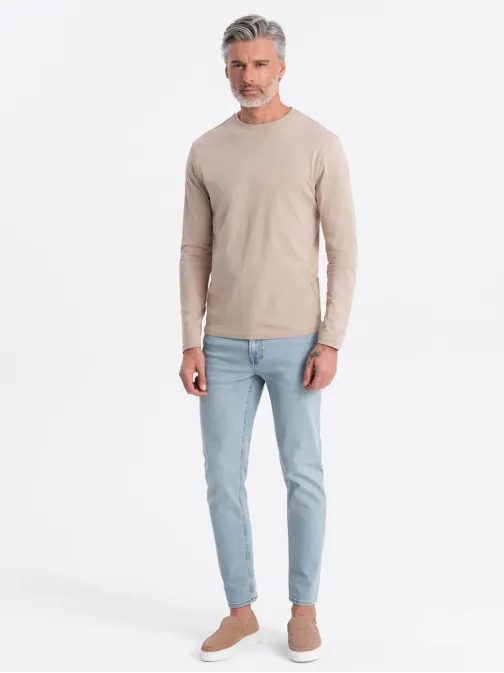 Jednoduché bavlnené tričko s dlhým rukávom v béžovej farbe v8 om-lsbl-0106
