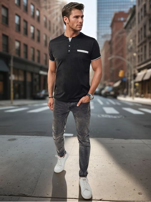 Trendy čierna polokošeľa s ozdobnými gombíkmi