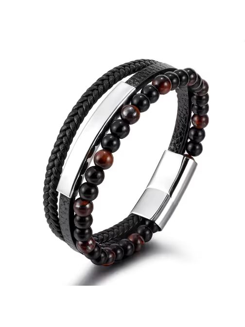 Štýlový pánsky viacvrstvový náramok z kože a korálok – strieborný