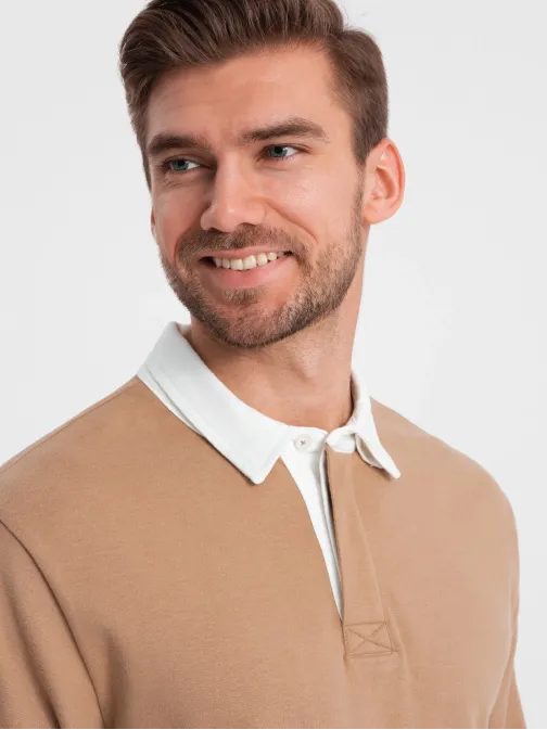 Elegantná svetlo hnedá mikina s polo golierom V8 SSNZ-0132