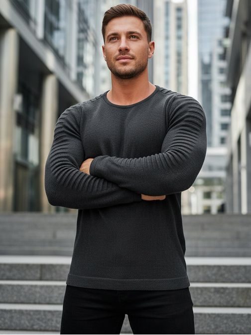 Moderný pánsky sveter so zaujímavými rukávmi šedý