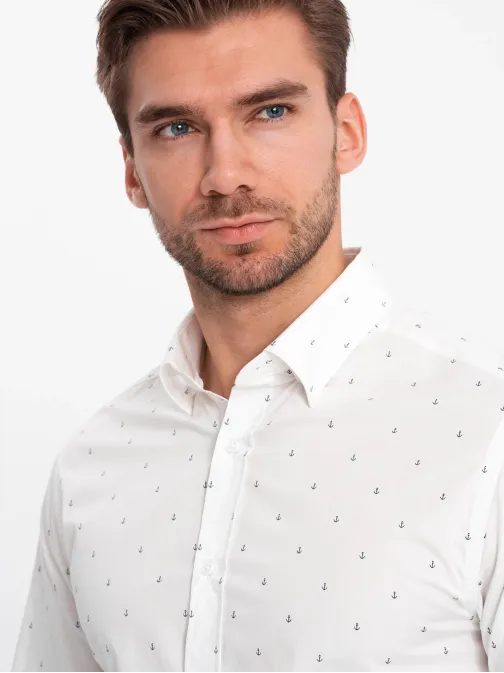 Zaujímavá biela košeľa s trendy vzorom V3 SHCS-0156