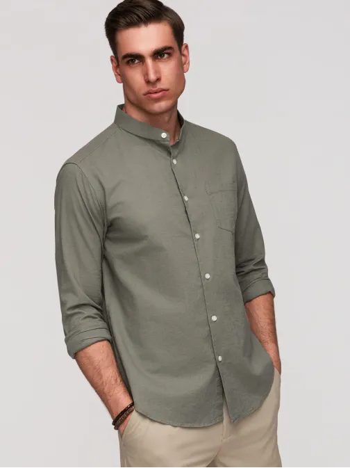 Khaki ľanová košeľa so stojačikom regular strih V6 K704