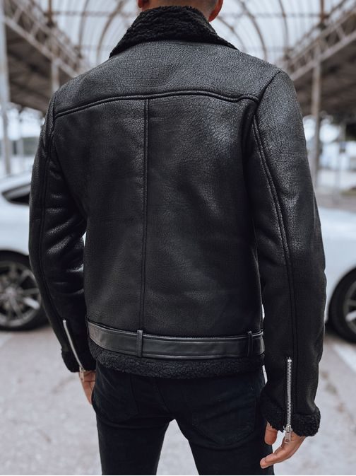 Čierna kožená bunda s výraznou čiernou kožušinkou