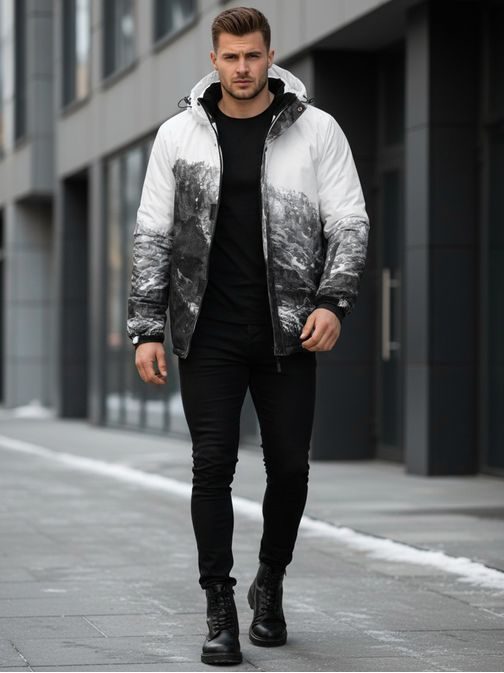 Jedinečná bielo-čierna zimná bunda s potlačou