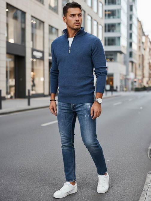 Moderný modrý pánsky sveter so zipsom