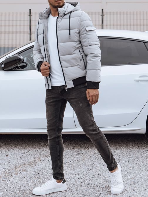 Moderná šedá zimná bunda s kapucňou