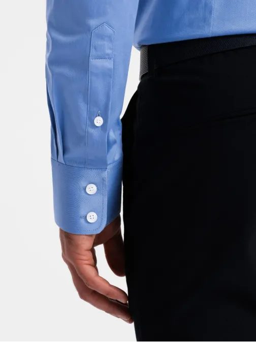 Módna modrá hladká slim-fit košeľa V2 SHOS-0176