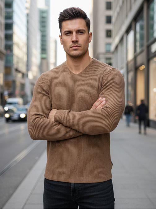 Béžový pánsky sveter s výstrihom