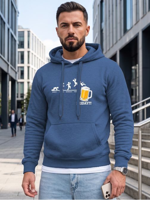 Trendy modrá mikina s potlačou a s kapucňou