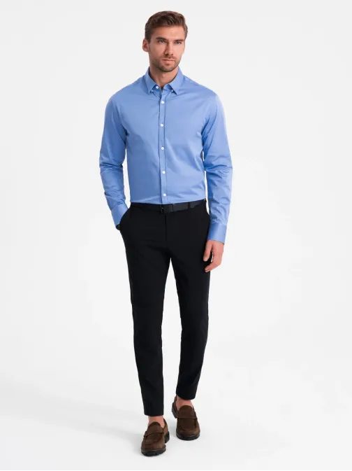 Módna modrá hladká slim-fit košeľa V2 SHCS-0176