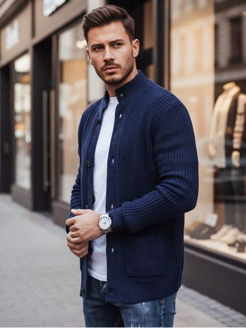 Štýlový modrý sveter pre pánov so zapínaním na gombíky