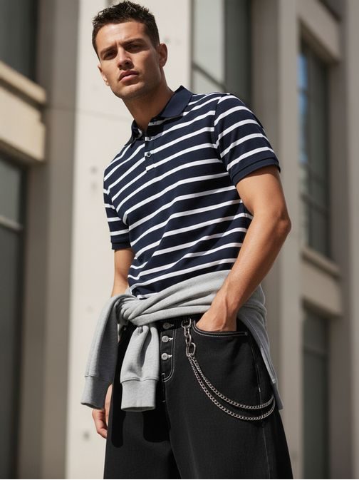 Módna tmavomodrá pánska polokošeľa s pásikovým vzorom