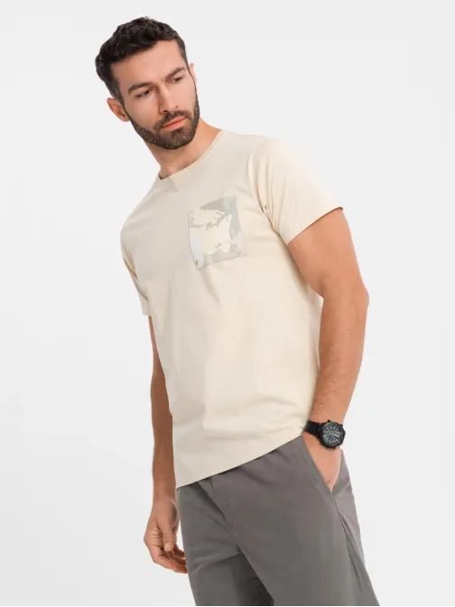 Originálne krémové tričko s ozdobným vreckom TSPT-0228