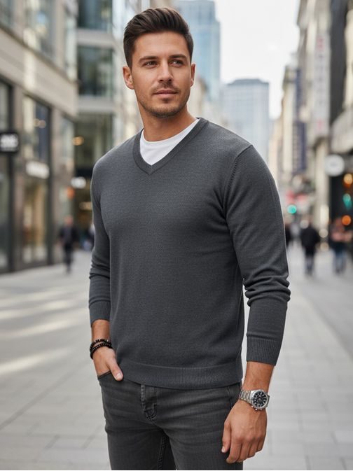 Základný grafitový pánsky sveter s v-výstrihom