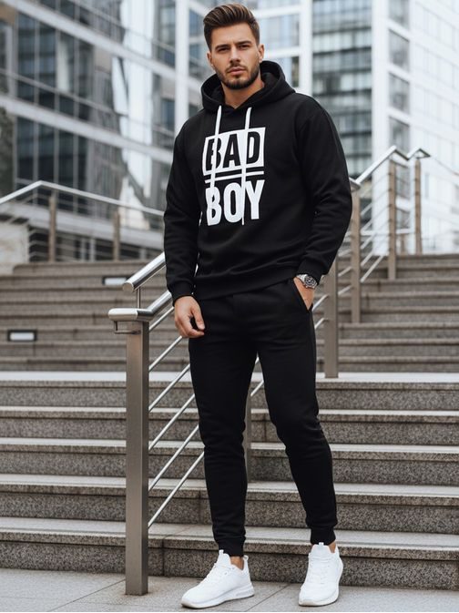 Parádna čierna pánska mikina s potlačou a s kapucňou