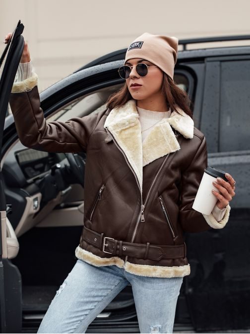 Dámska koženková kávová bunda s kožušinkou Norfdima